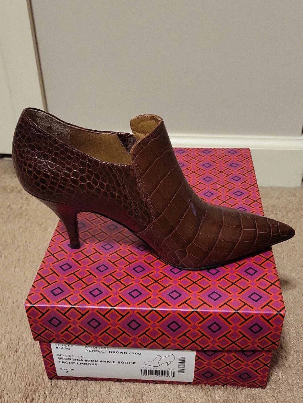 Tory Burch Croc-Embossed Brown Pointed Ankle Booties